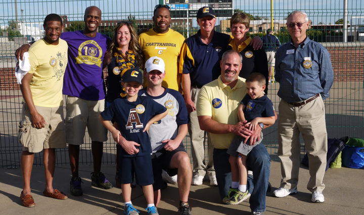 UTC alumni Justin Harness, with his son Asher; Rudy Furman with his son, Cruize; Brandon Carter; Kenneth Herring; Natalie Mohr; Darren Osborne; Jerry and Beverly Harness; and Lance Lyons enjoyed UTC Homecoming