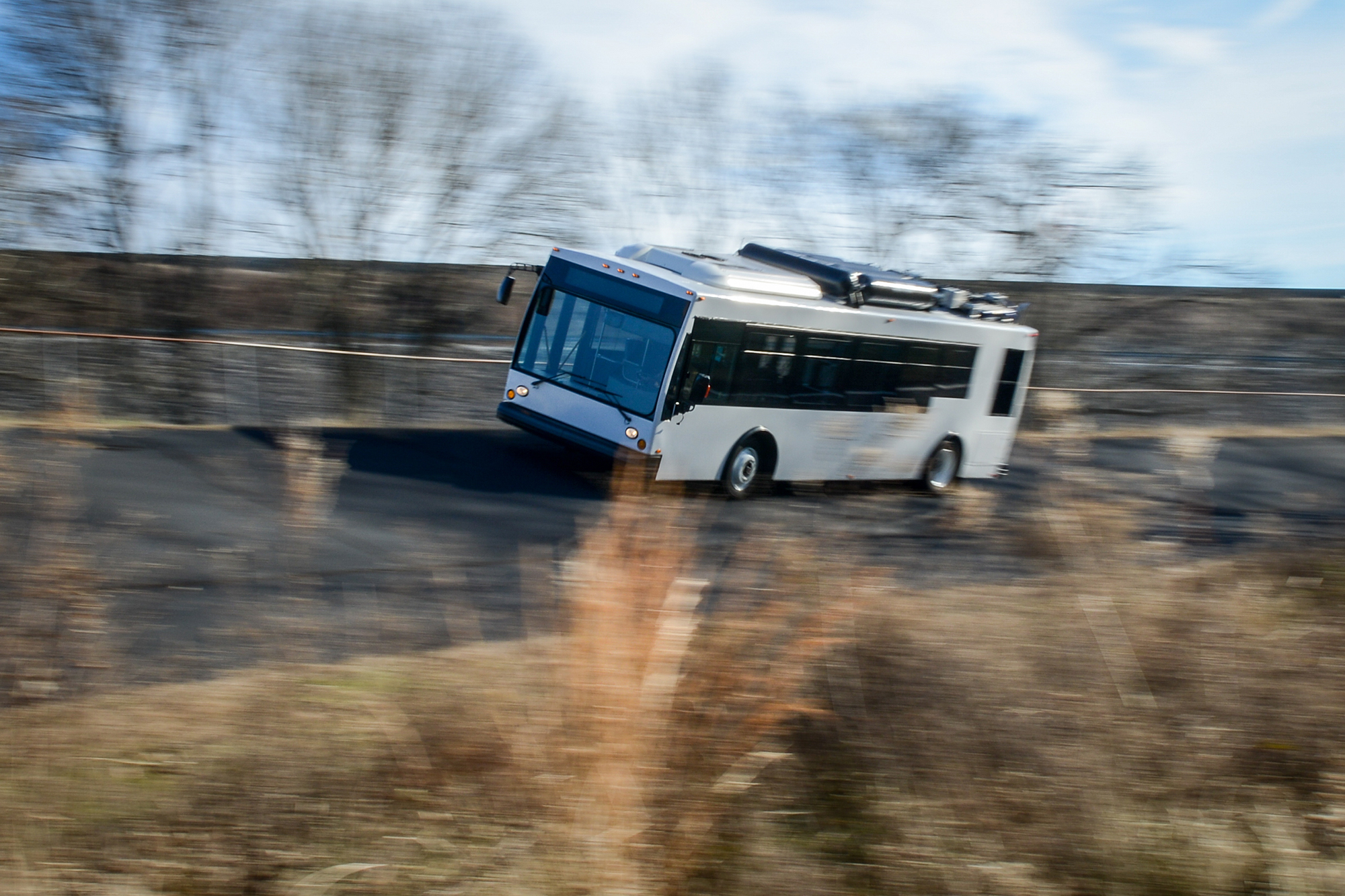 At UTC's Advanced Vehicle Test Facility, a fuel cell bus takes a turn around the test track.