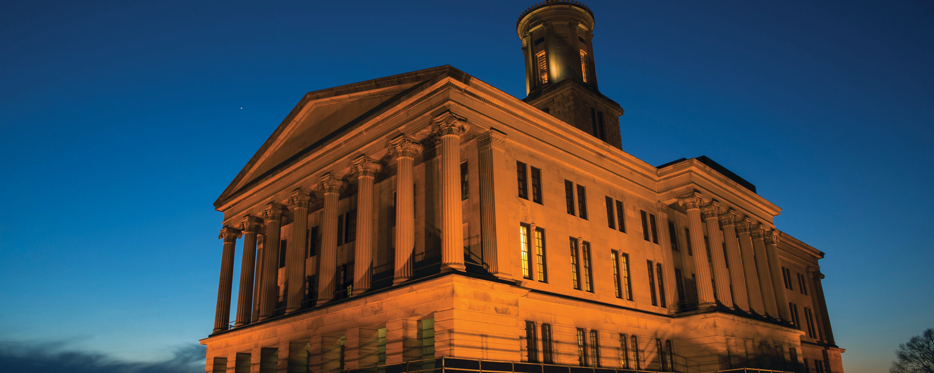 The Tennessee state Capitol building, lit at night