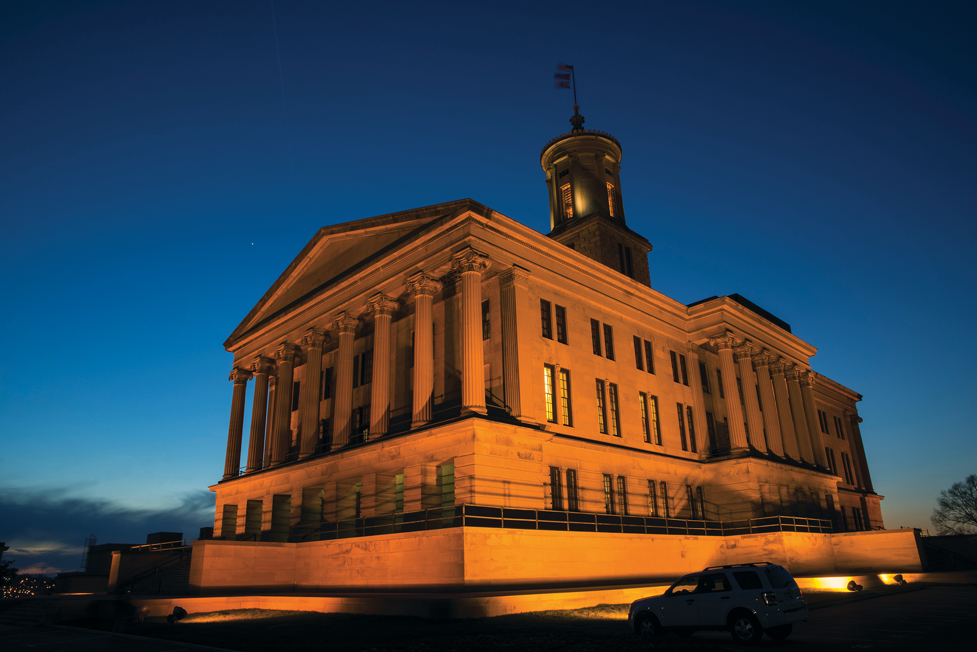The Tennessee state Capitol building, lit at night