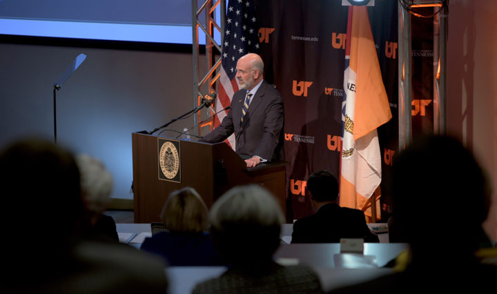 UT President Joe DiPietro onstage during the State of the University event