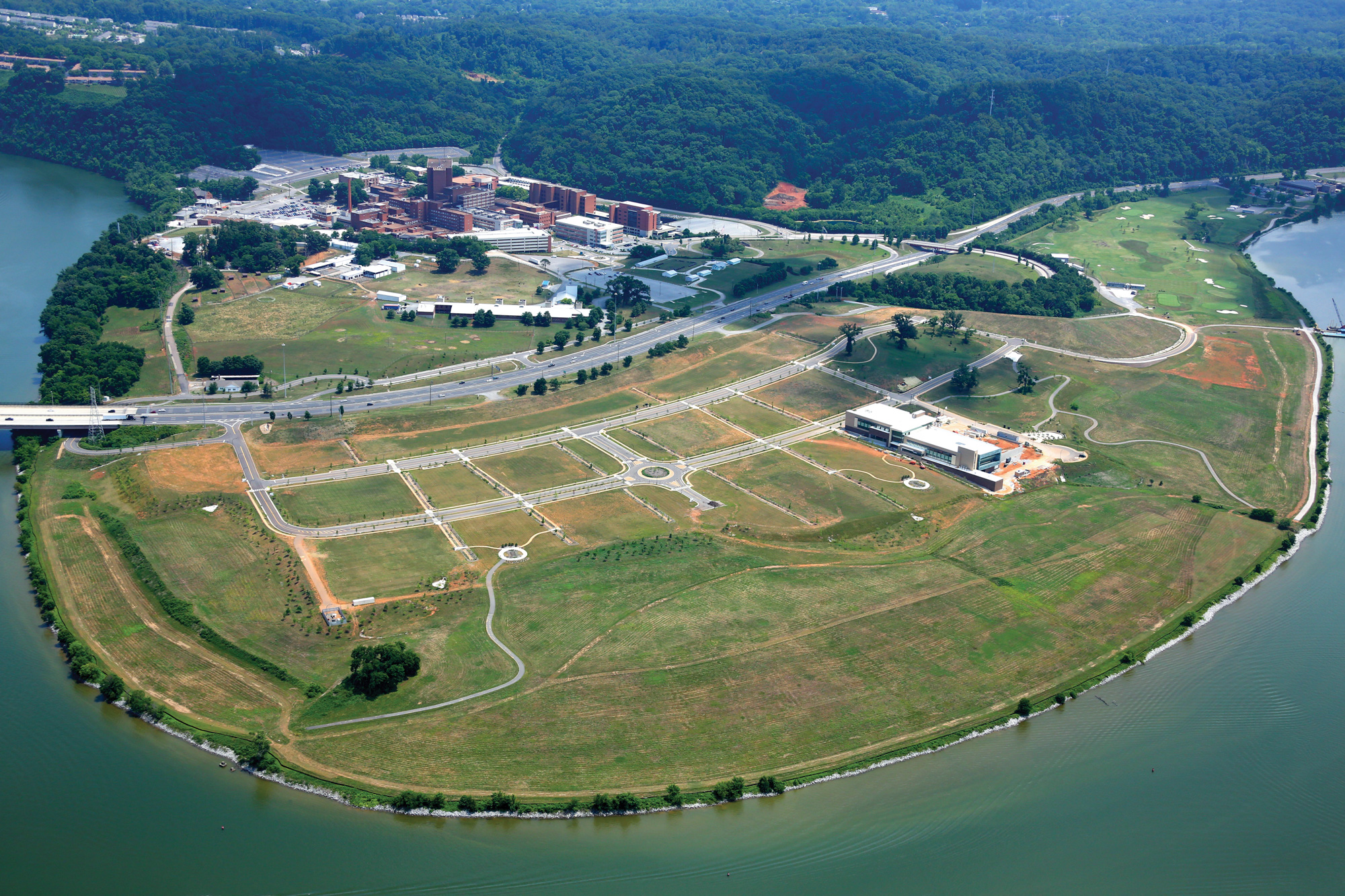 Aerial view of Cherokee farm on the Tennessee River bend