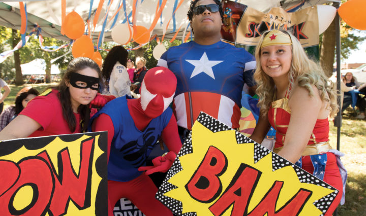 Students dressed as Robin, Spiderman, Captain America and Wonder Woman