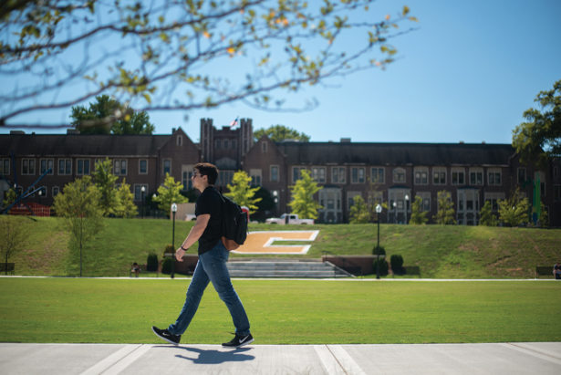 A student walks across the newly renovated Chamberlain Quad at UT Chattanooga.