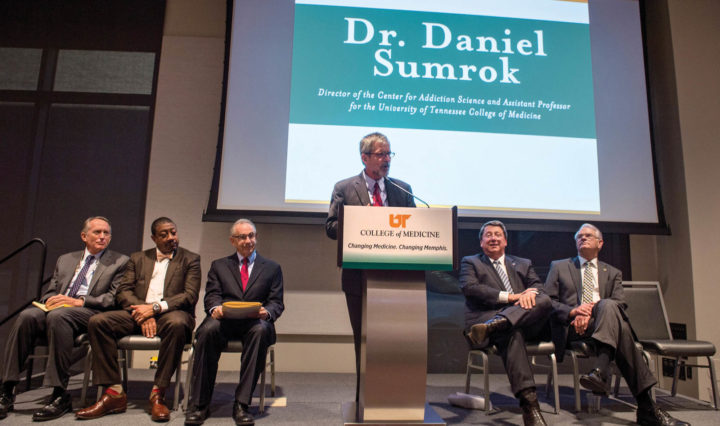 Dr. Daniel Sumrok speaks about the mission of the Center for Addiction Science during an event announcing that the center was named the first Center of Excellence in Addiction Medicine in the country.