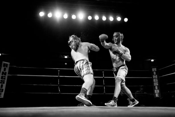 Tyler Lee Cole, right, delivers a blow to Fisher Hancock during the 28th annual Craig Long Memorial Pike Fights in the University of Tennessee at Martin’s Skyhawk Fieldhouse. The event, a philanthropic endeavor for Pi Kappa Alpha, raised money for St. Jude Children’s Research Hospital in Memphis.