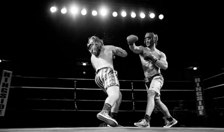 Tyler Lee Cole, right, delivers a blow to Fisher Hancock during the 28th annual Craig Long Memorial Pike Fights in the University of Tennessee at Martin’s Skyhawk Fieldhouse. The event, a philanthropic endeavor for Pi Kappa Alpha, raised money for St. Jude Children’s Research Hospital in Memphis.