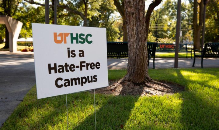 anti-hate yard sign reads "UTHSC is a Hate-Free Campus"