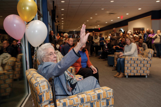 Bettye Giles waves to a large crowd assembled at UT Martin