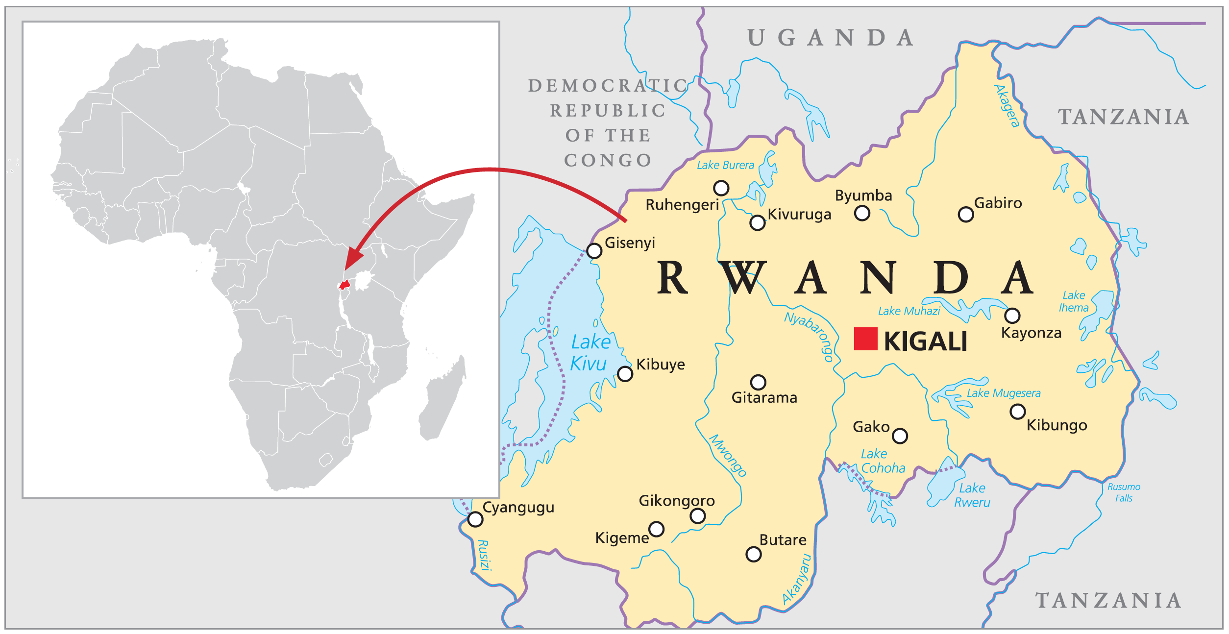 A map of Rwanda and its position on the Aftrican continent