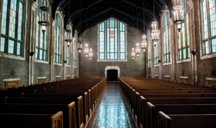 Interior view of the entrance of Patten Chapel from the front altar