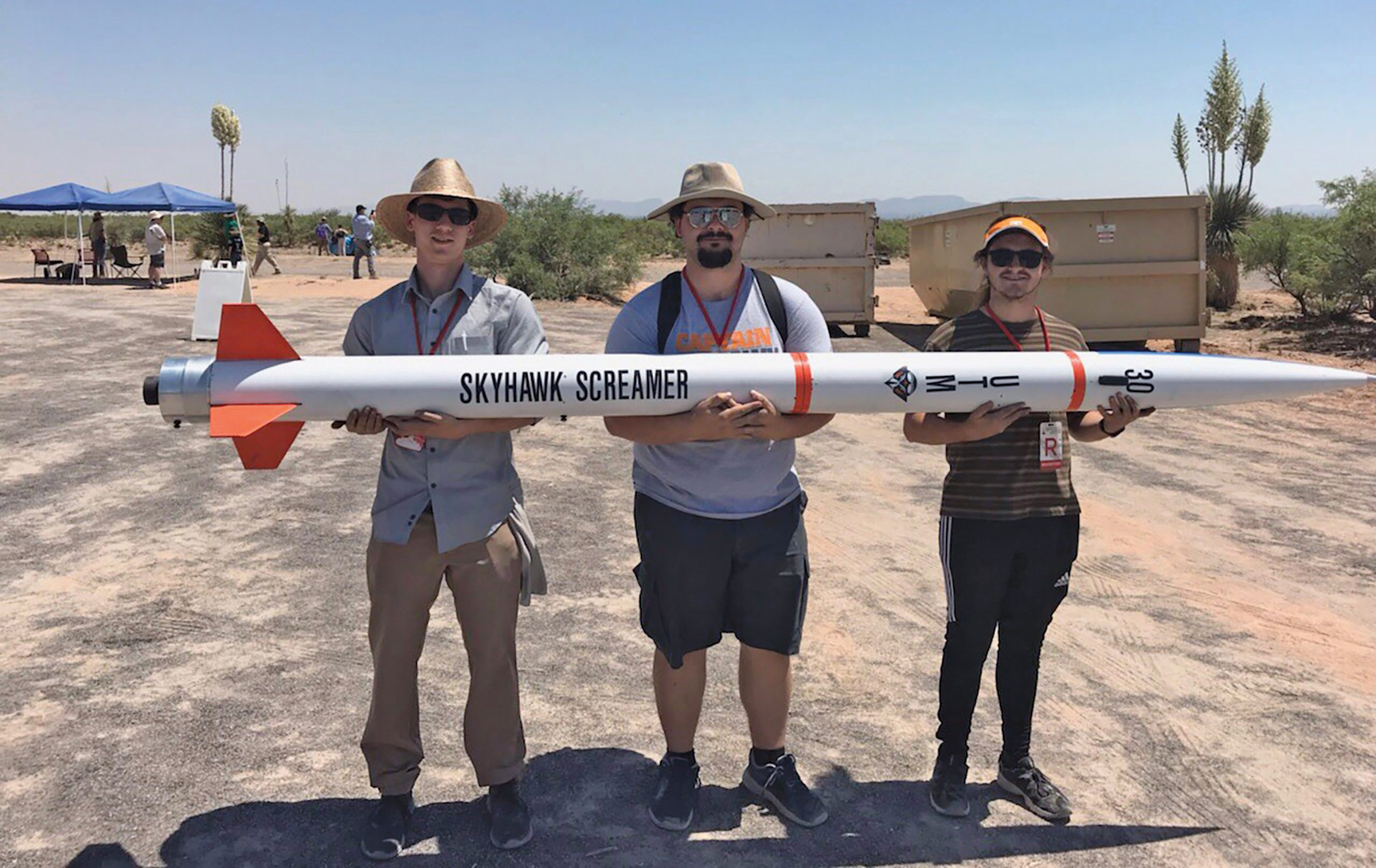 UT Martin's rocket team pictured with an 8 foot rocket called "Skyhawk Screamer"