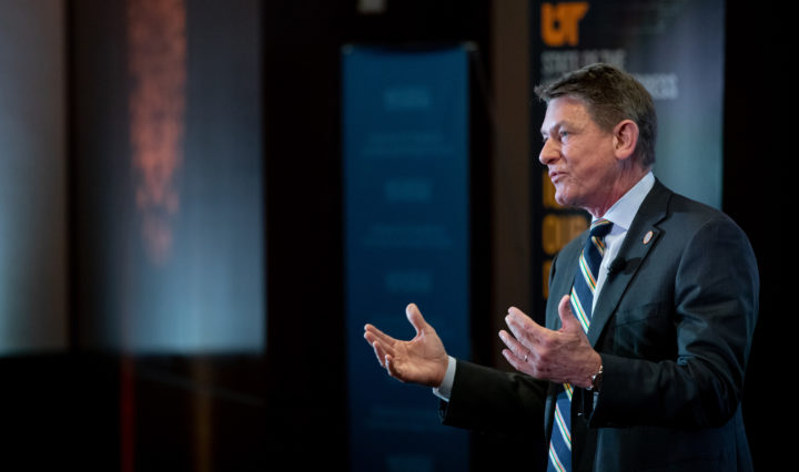 Randy Boyd delivers the State of UT address on stage