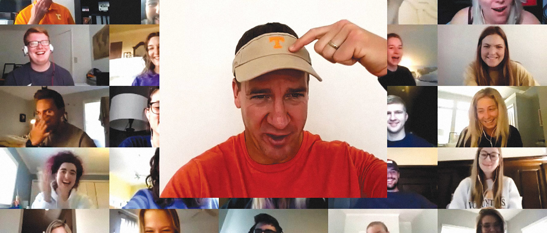 Peyton Manning on a Zoom screen grid with UTK students