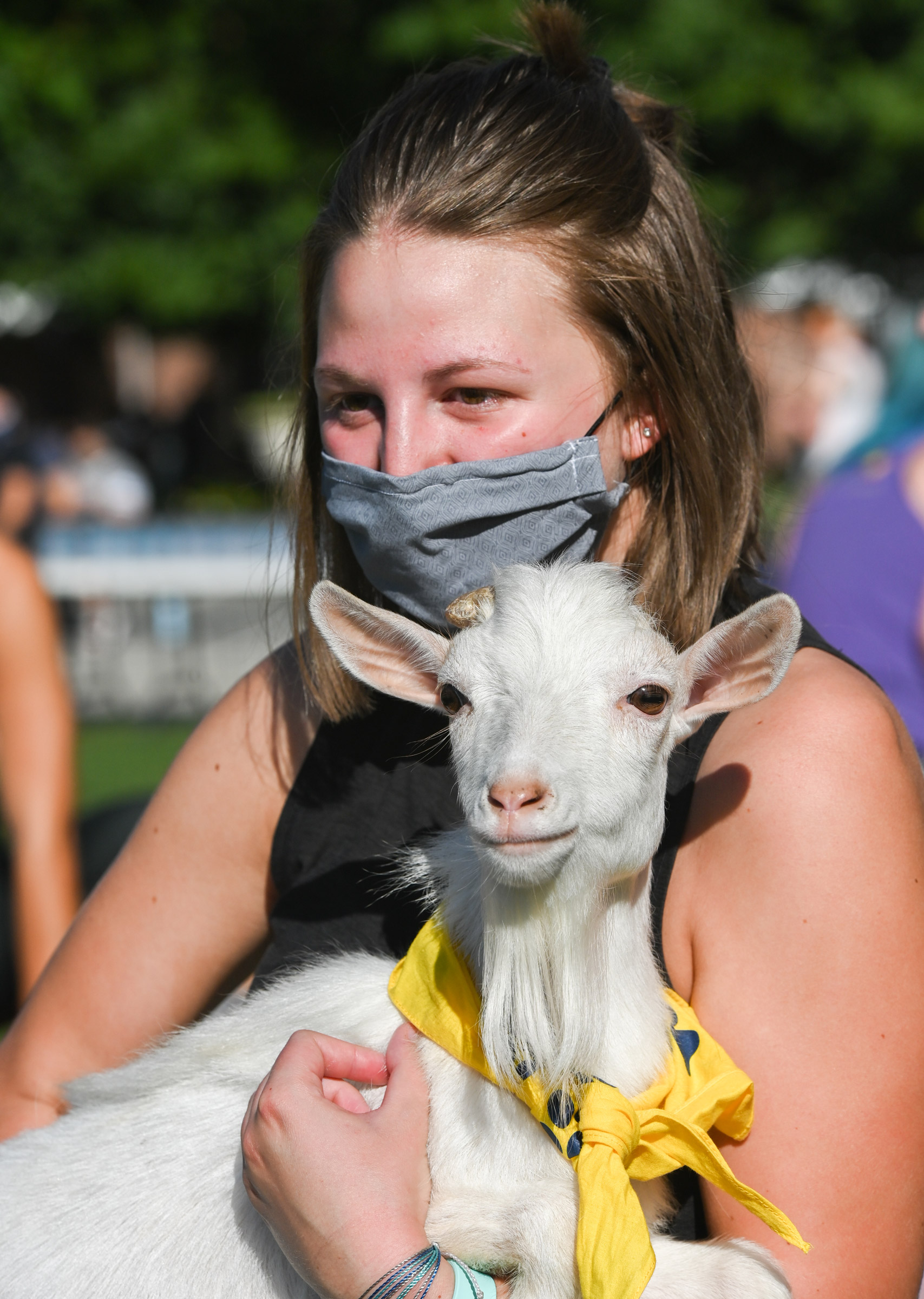 A woman cradles a young goat in her arms during a yoga class