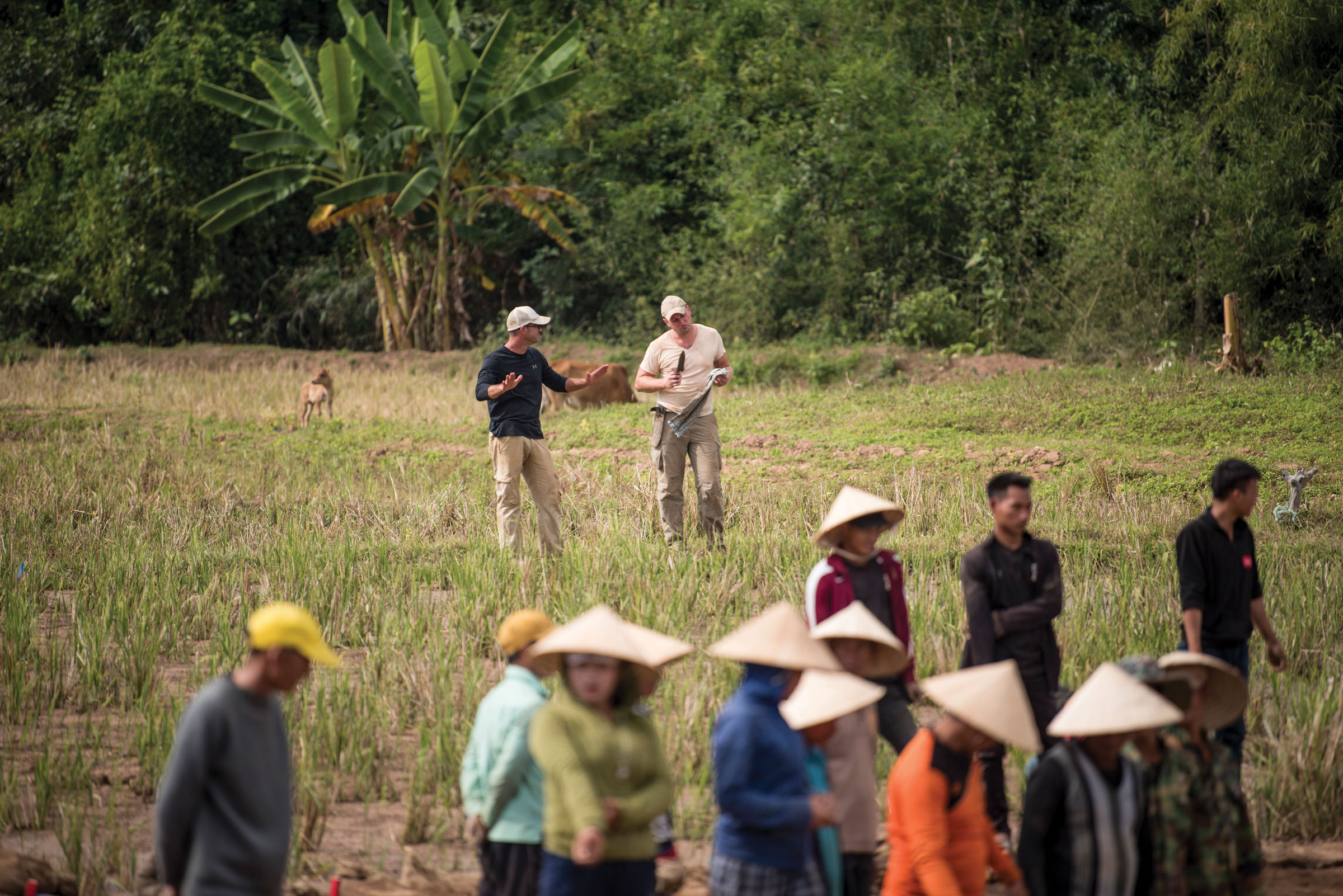 Two men trade notes in the background. In the foreground are villagers and workers, some wearing conical farming hats