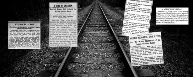 A photo illustration shows Newspaper clippings detaling lynchings over railroad tracks