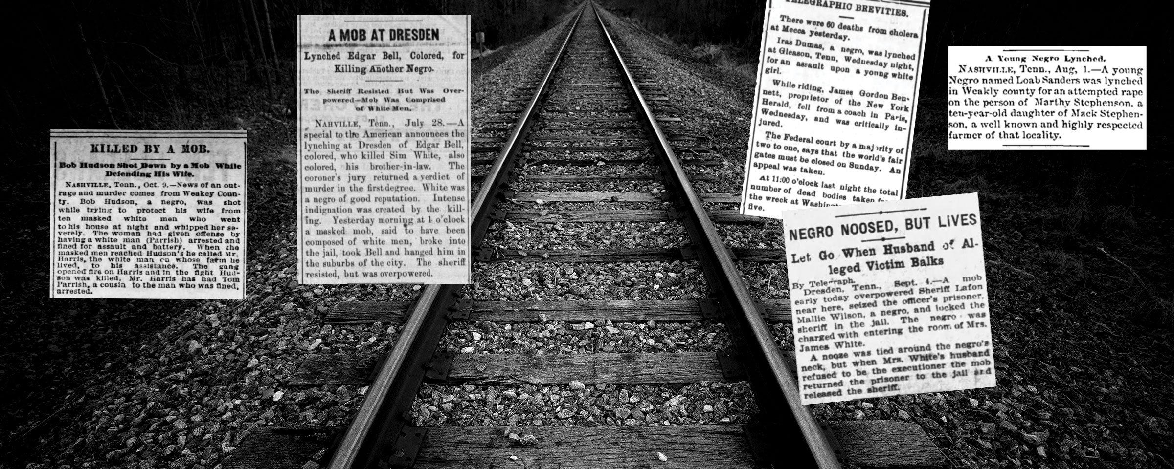 A photo illustration shows Newspaper clippings detaling lynchings over railroad tracks
