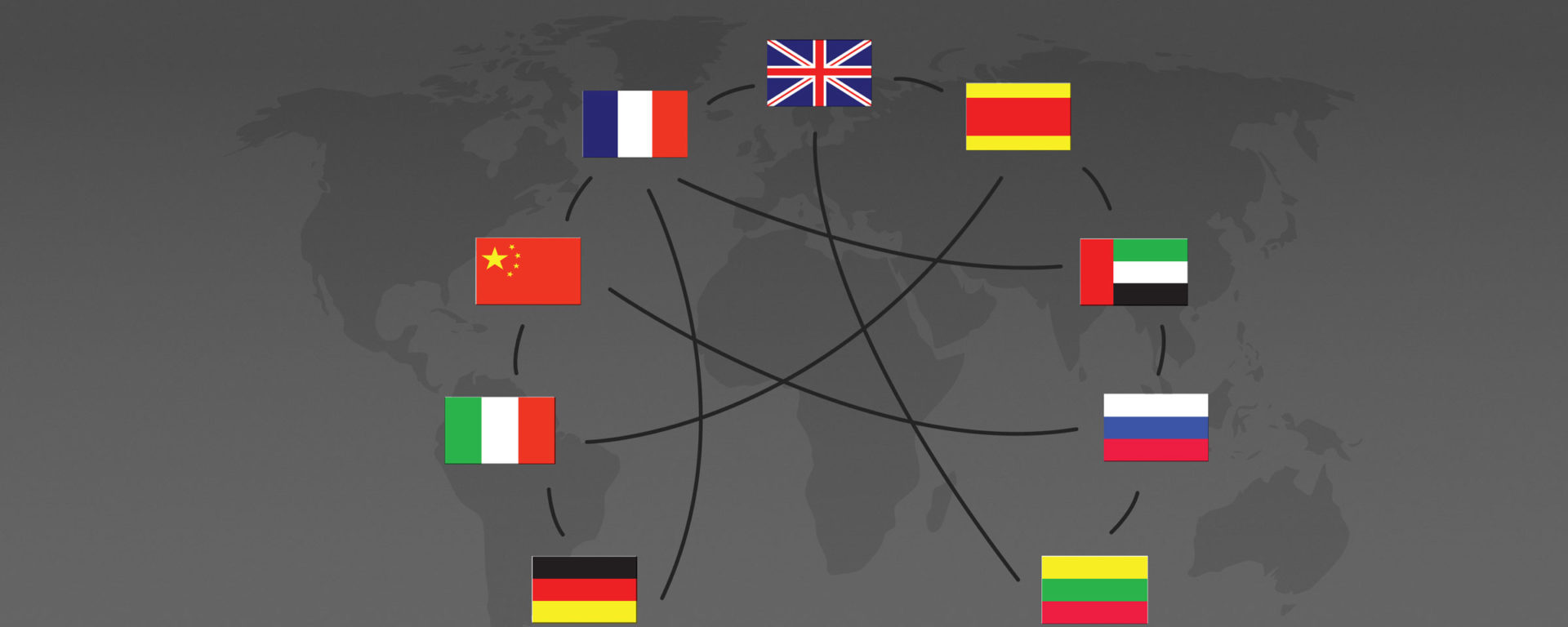 Flags representing different national languages overlaid on a map of the world