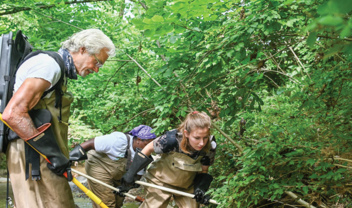 Mark Schorr, UTC professor of biology, geology and environmental science, works to determine stream quality with UTC students Kendra Keller, left, and Jasmin Barton-Holt.