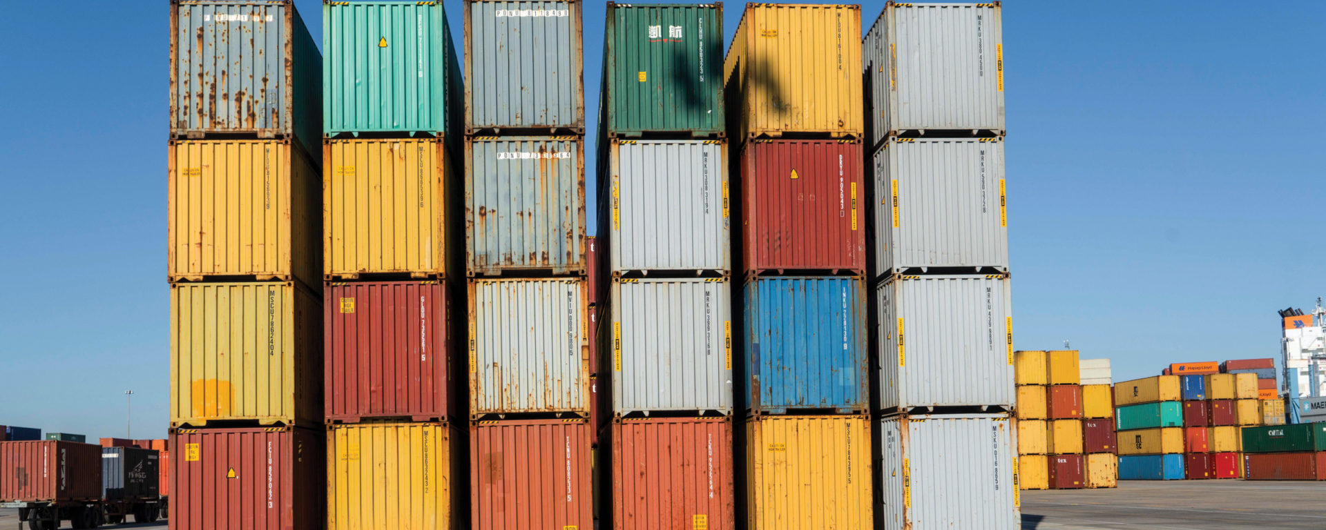 Shipping continers arranged in a colorful grid