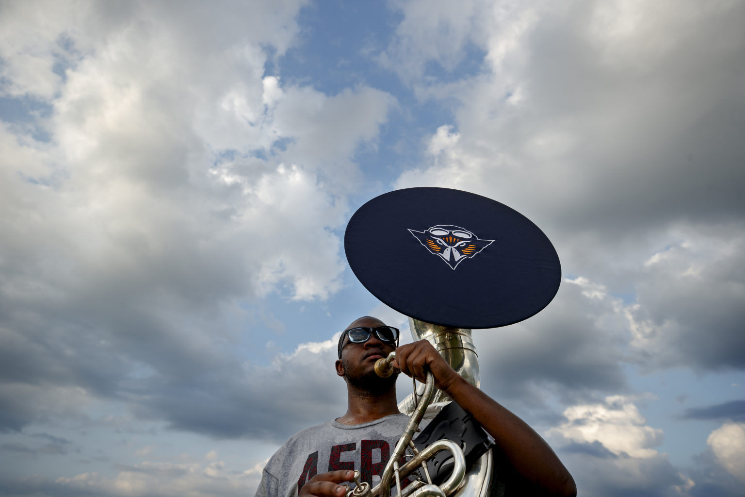 Solomon Hightower, a tuba player in the UTM Aviators Marching Band.