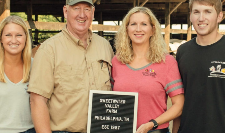 A third-generation dairy farmer, John Harrison of Sweetwater Valley Farm in Philadelphia, Tennessee, has been named the Tennessee Farmer of the year by UT Extension. Harrison is shown here with some of his family who help on the farm. Left to right: daughter Mary Lyndal; Harrison; his wife, Celia; and son Charles. Photo Courtesy Sweetwater Valley Farm