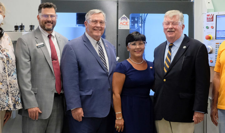 From left: State Rep. Gloria Johnson (D-Knoxville), Tickle College of Engineering Dean Matthew Mench, State Rep. John Ragan (R-Oak Ridge), State Rep. Michele Carringer (R-Knoxville), Lt. Gov. Randy McNally and UT Professor Tony Schmitz pose for a photo at the ACE “train the trainers” event at UT. Photo By: IACMI/Shawn Millsaps