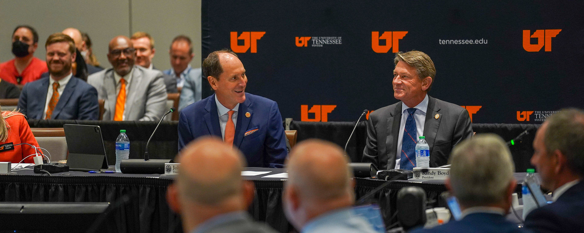 UT Board of Trustees Chairman John Compton and UT President Randy Boyd during the annual meeting. Photo By Sam Thomas