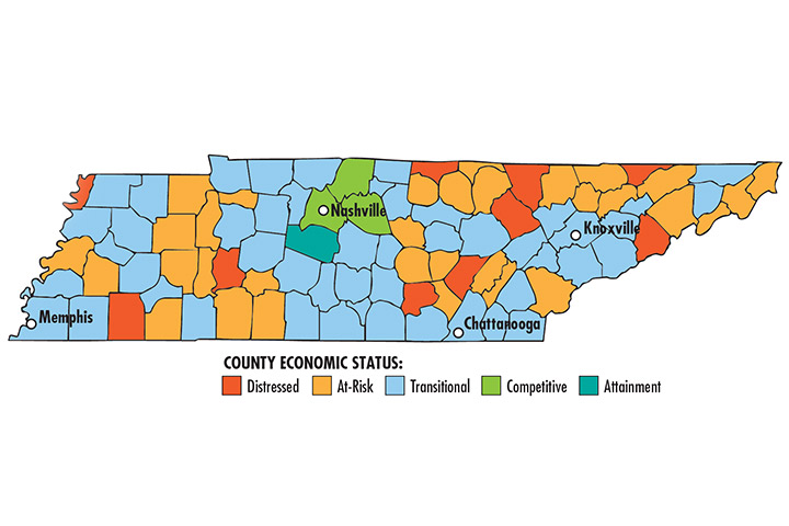 Illustration of the state of Tennessee used to depict a graph / map of the County Economic Status.