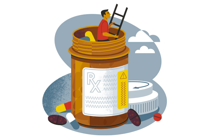 Illustration of a person using a ladder to climb out of a giant pill bottle.