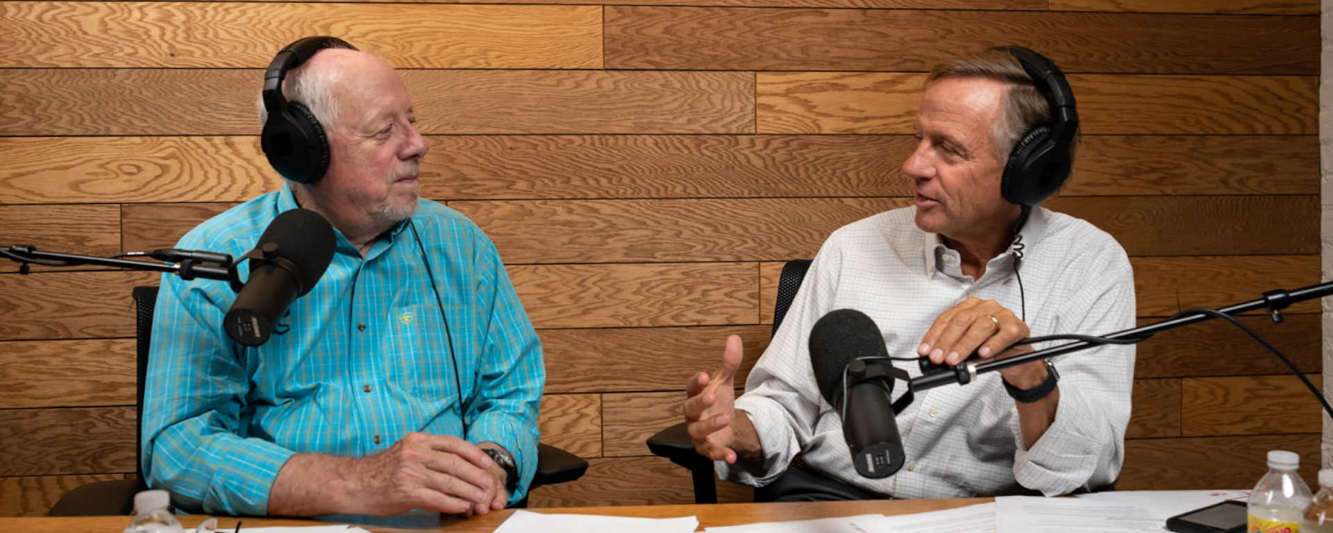Former Tennessee governors Phil Bredesen, left, and Bill Haslam, right, record an episode of You Might be Right, a new podcast series launched by the Howard H. Baker Jr. Center for Public Policy.