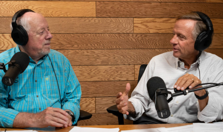 Former Tennessee governors Phil Bredesen, left, and Bill Haslam, right, record an episode of You Might be Right, a new podcast series launched by the Howard H. Baker Jr. Center for Public Policy.