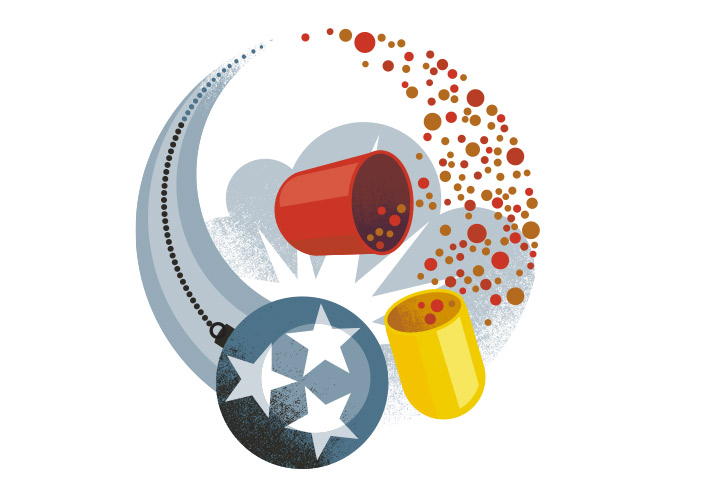 Illustration of a wrecking ball with the Tennessee state flag as the ball, hitting a pill, making it burst open.