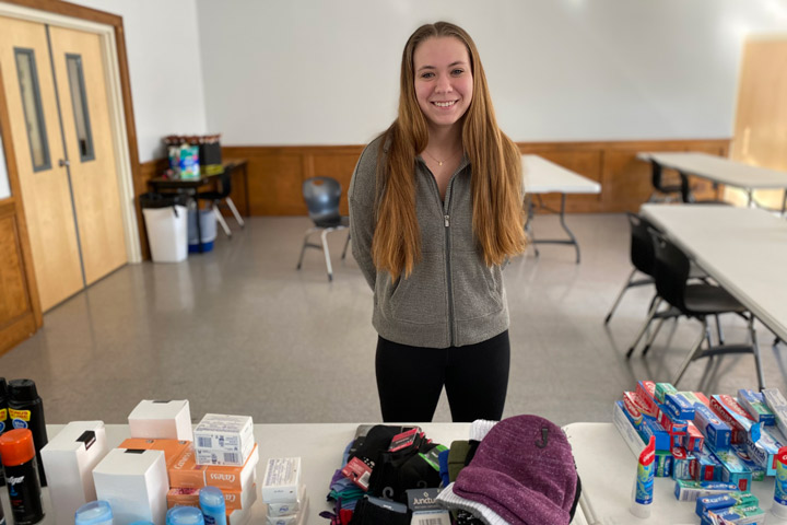 Emily Crone with items to help children who come into A Kid's Place.