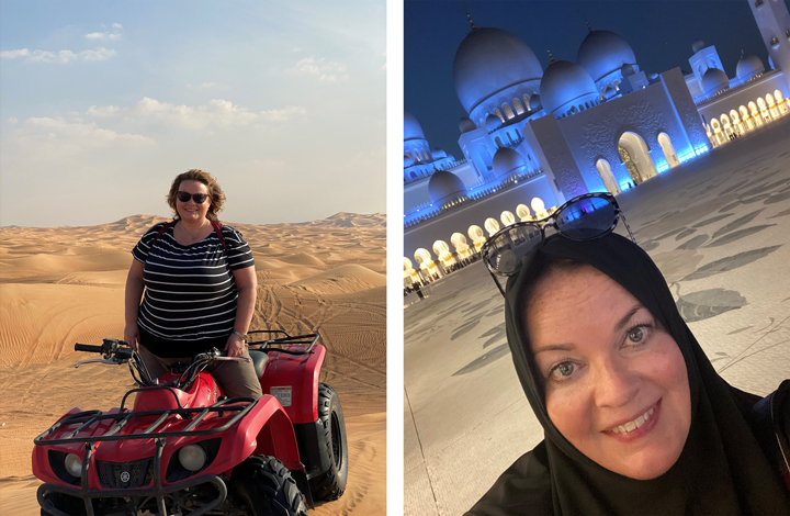 Renee Bailey riding all-terrain vehicles in Dubai (left) and visiting a mosque in Abu Dhabi in the United Arab Emirates (right)