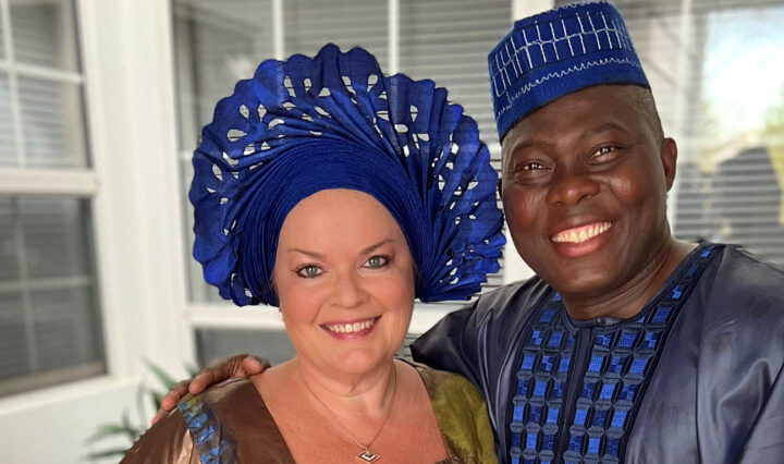 Renee Bailey Iacona and her boyfriend, Yomi Martins, dressed in traditional Nigerian clothing. Martins is from Nigeria.