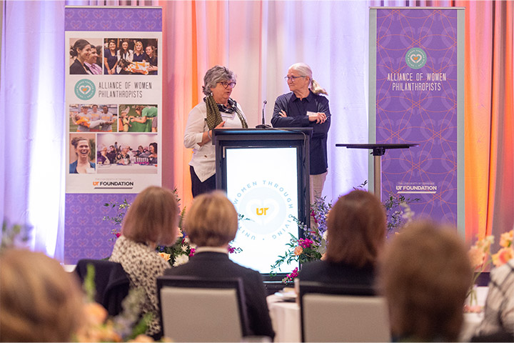 Sue Conley and Peggy Smith, UT Knoxville graduates and Cowgirl Creamery founders, speak during the Alliance of Women Philanthropists 2023 symposium.