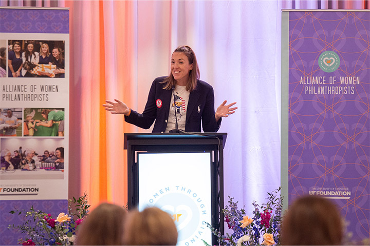 Olympian and UT Knoxville Lady Vols softball player Monica Abbott speaks during the Alliance of Women Philanthropists 2023 symposium.