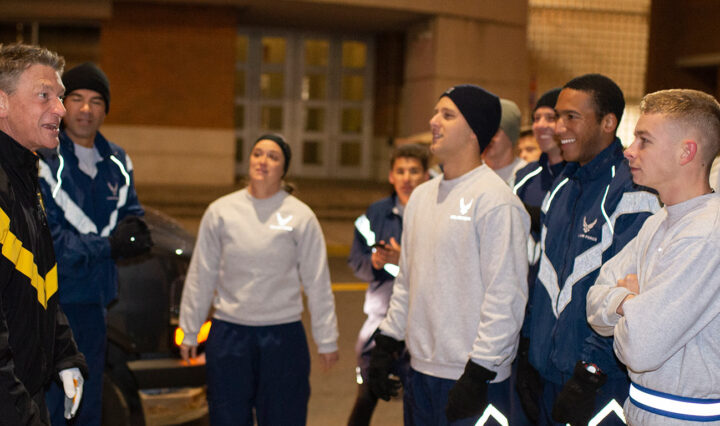 UT System President Randy Boyd speaks to UT Knoxville Air Force ROTC cadets before an early morning run.