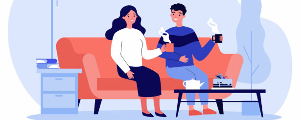 Illustration of a happy couple sitting on the couch.