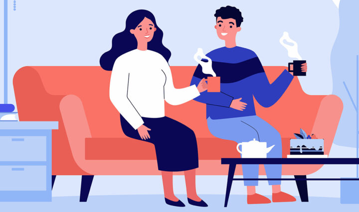 Illustration of a happy couple sitting on the couch.