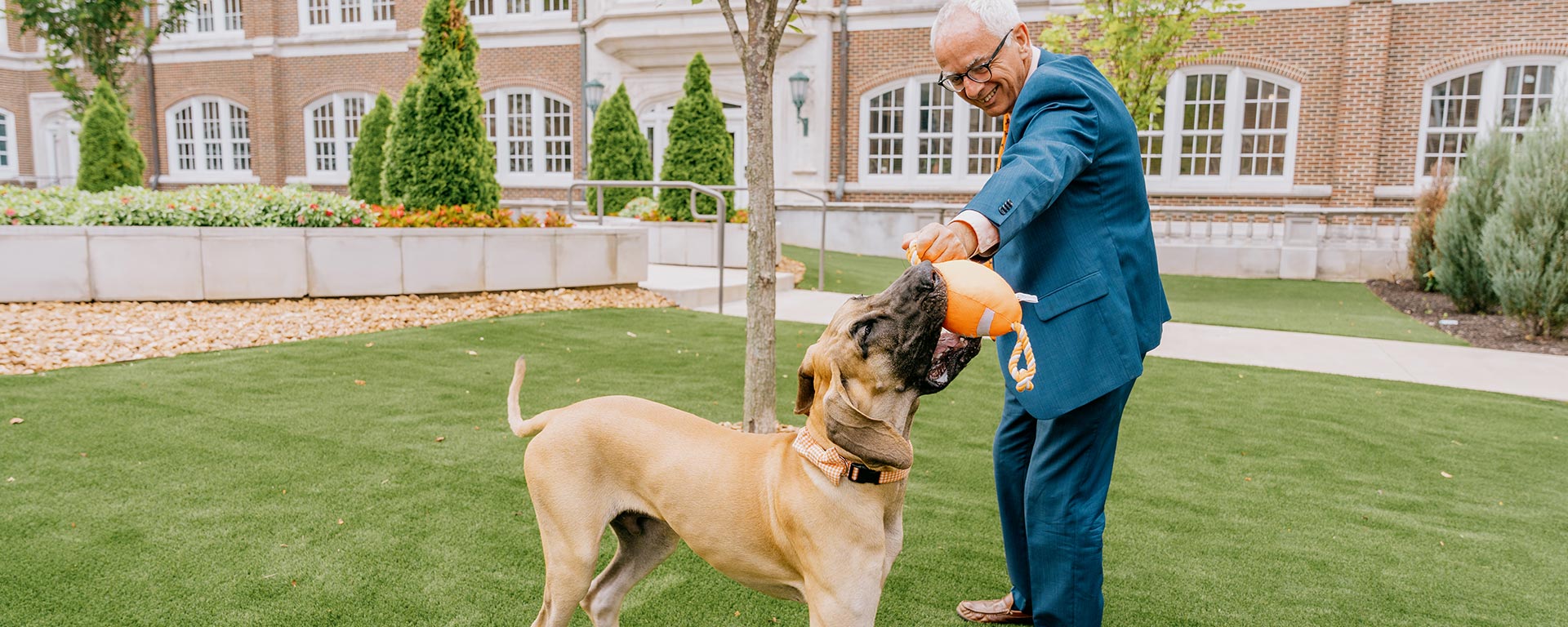 UTHSC Chancellor Peter Buckley plays with his dog, Finn Mac Cool, on the campus' quad.
