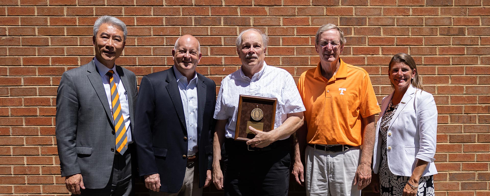 Ernest Bernard, center, a professor in the Department of Entomology and Plant Pathology, is the recipient of the UTIA Institute Professor Award, the Institute’s top recognition for faculty. With him are, from left, AgResearch Dean Hongwei Xin; UTIA Senior Vice Chancellor and Senior Vice President Keith Carver; College of Veterinary Medicine Dean Jim Thompson; and UT Extension Dean Ashley Stokes.