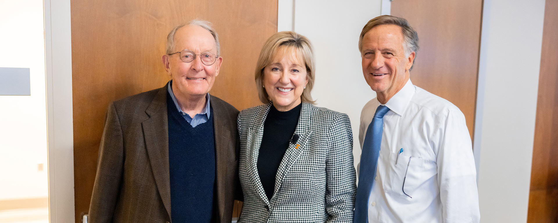 Former Sen. Lamar Alexander, left, joined UT Knoxville Chancellor Donde Plowman and former Tennessee Gov. Bill Haslam, who teamed up to teach an undergraduate honors course on leading with courage—the first course to be offered through the university’s new Institute of American Civics.