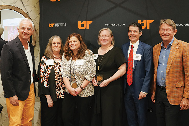 UT System President Randy Boyd presented the President’s Awards, the university’s highest honors, to noteworthy faculty and staff in August. From left, UTHSC Chancellor Peter Buckley; UTHSC Vice Chancellor for Academic, Faculty and Student Affairs Cindy Russell; Senior Program Manager Patricia Page; College of Pharmacy Coordinator of Student Services Melissa Smith; Executive Director of Tennessee Population Health Consortium Dr. James Bailey; UT President Randy Boyd.