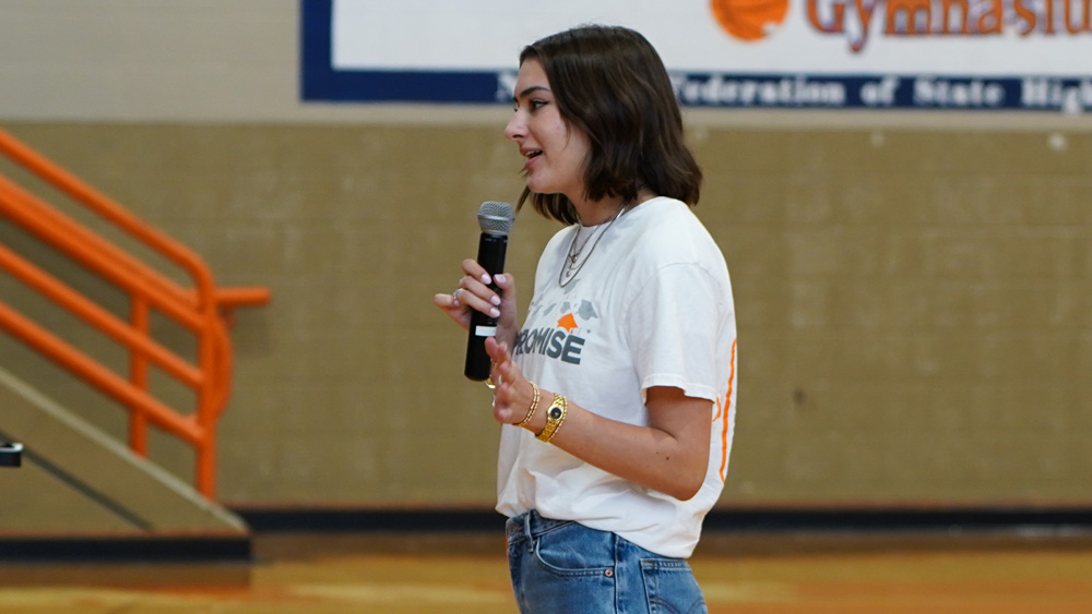 Courtney Brown, UT Knoxville '23, speaks to high school students about her personal experiences as a UT Promise scholarship recipient.