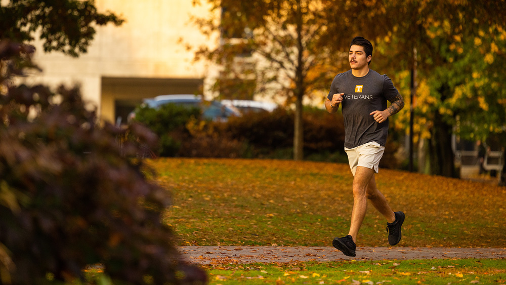 Trevor Vickery, a student veteran at UT Knoxville, goes for a run across campus.