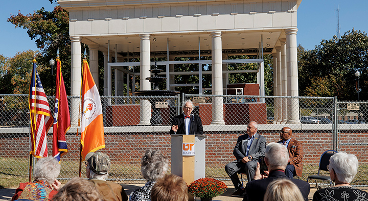 Dr. Paul Blaylock speaks to a crowd Oct. 20 during the Blaylock Inspiration Oracle dedication.