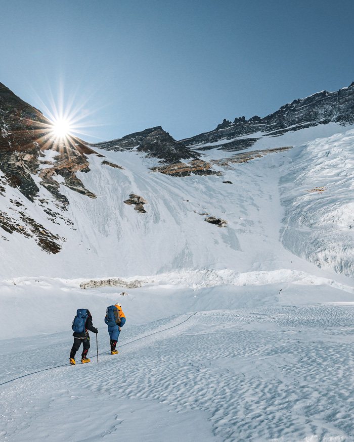 Lonnie Bedwell and Ryan Waters approach the Lhotse Face on the way to Camp III.